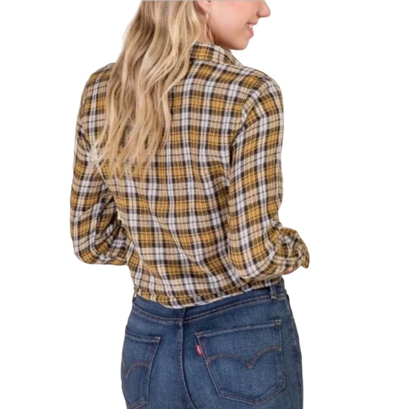 NWT Francesca's Dizzy Gal Gold/Black/White Plaid Button Down Shirt - Picture 5 of 11